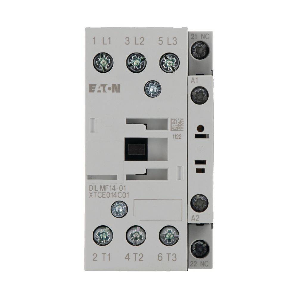Eaton DIL MF14-01 XTCE014C01 Schütz mit Anschlüssen, die als L1, L2, L3 für den Eingang und T1, T2, T3 für den Ausgang gekennzeichnet sind.