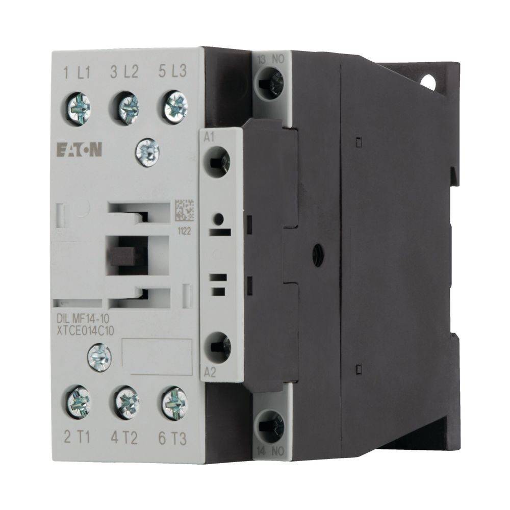 Eaton-Schütz Modell DIL MF14-10 zeigt die Vorder- und Seitenansicht mit elektrischen Anschlussklemmen, die als L1, L2, L3, T1, T2, T3 gekennzeichnet sind.