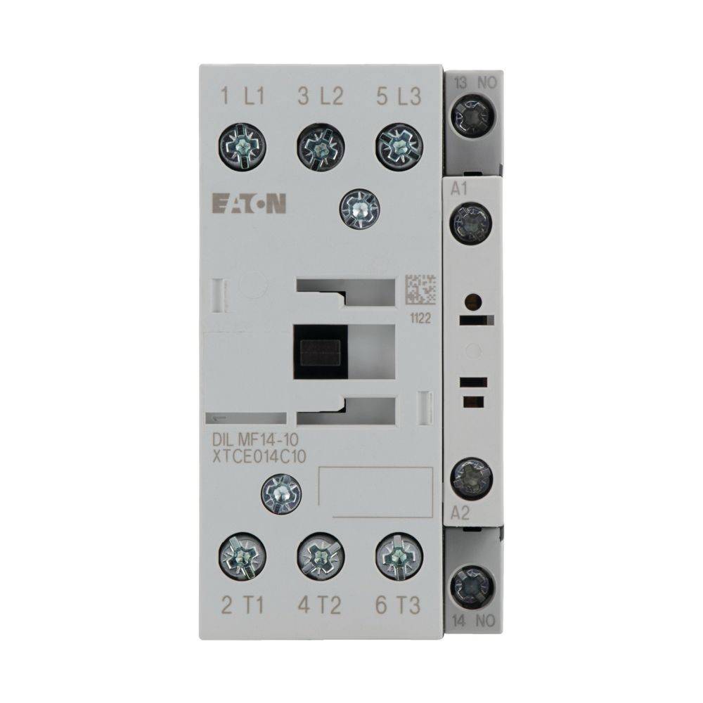 EATON DIL MF14-10 XTCE014C10' Schütz mit Schraubanschlüssen, beschriftet mit 'L1', 'L2', 'L3', 'T1', 'T2', 'T3' und Spulenklemmen 'A1', 'A2'.