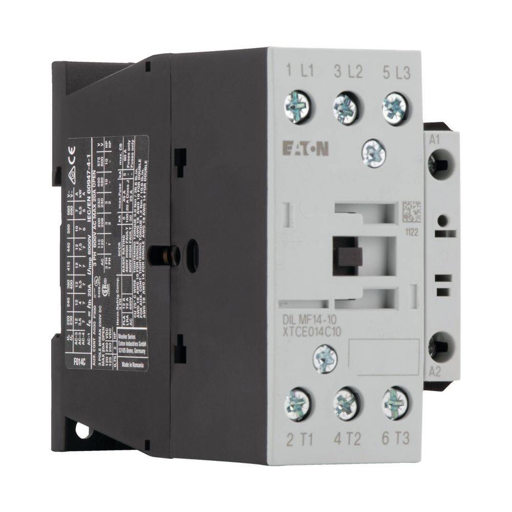 Ein grauer Eaton-Schütz, Modell DIL MF14-10, mit Anschlussklemmen beschriftet als L1-L3 für Eingang und T1-T3 für Ausgang, verwendet in elektrischen Systemen.