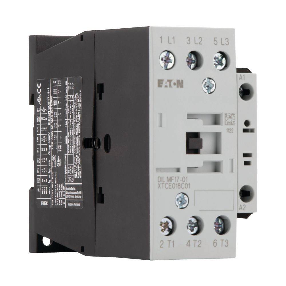 Ein elektrischer Schütz mit einem schwarz-weißen Gehäuse, beschriftet mit Zahlen und Symbolen für elektrische Anschlüsse, und dem Markennamen 'EATON'.