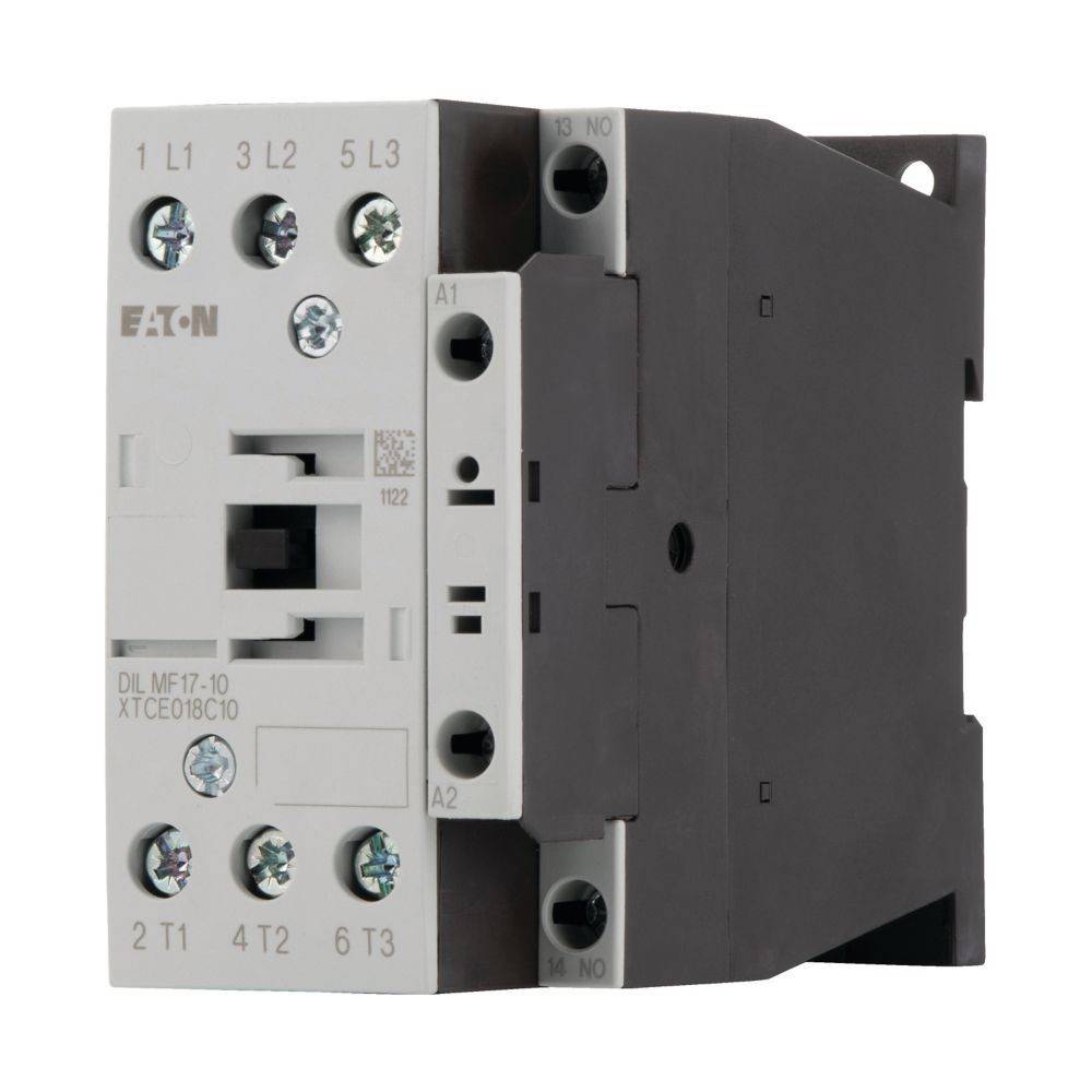Ein grauer und schwarzer elektrischer Schütz mit beschrifteten Anschlussklemmen für Verbindungen. Der Markenname „Eaton