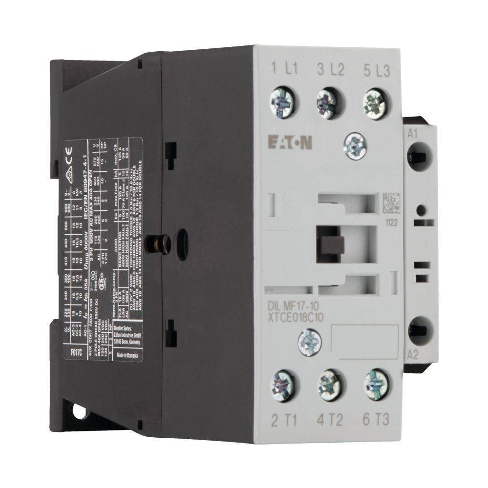 Elektrischer Schütz mit Markenetikett und sichtbaren technischen Spezifikationen, Vorder- und Seitenpanels, mit beschrifteten Anschlusspunkten und Modellnummer.