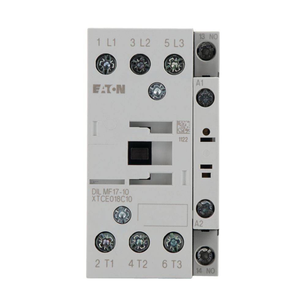 Ein weißer elektrischer Schütz, gekennzeichnet mit 'Eaton DIL MF17-10 XTCE018C10', mit sichtbaren Anschlussports und Schrauben auf der Vorderseite.