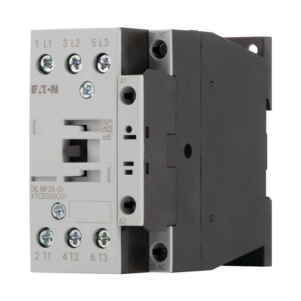 Eaton DILMF25-01 Schütz, Frontansicht, zeigt Anschlüsse und Etikett.