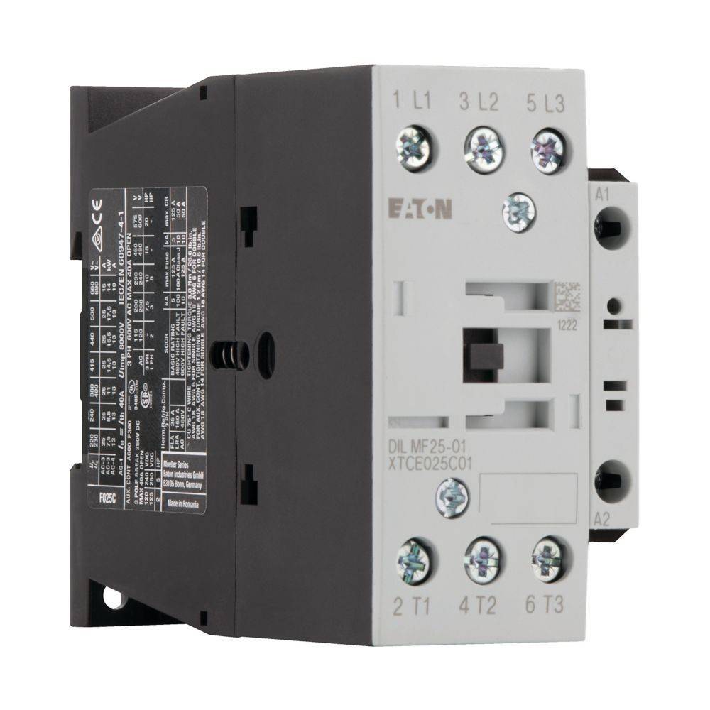 Eaton-Schütz mit beschrifteten Anschlusspunkten und technischen Spezifikationen. Geeignet für industrielle elektrische Steuerungsanwendungen.