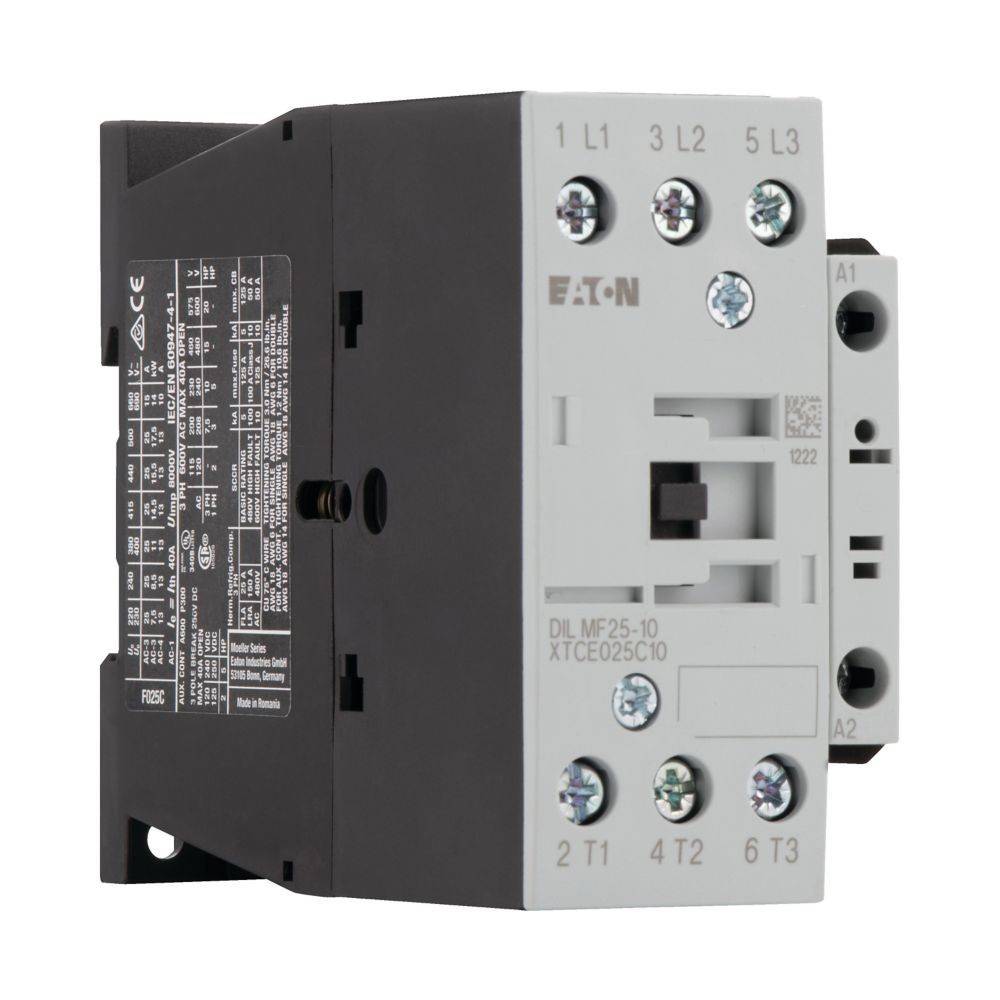 EATON' Marken-Schütz mit mehreren Anschlussklemmen, die mit L1, L2, L3, T1, T2, T3 für Verdrahtungsanschlüsse beschriftet sind.