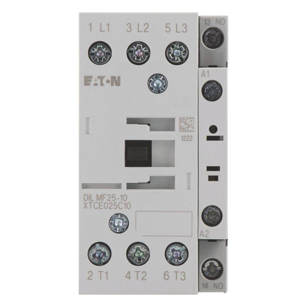 Eaton DILM F25-10 Schütz mit mehreren Schraubklemmen, beschriftet mit L1, L2, L3, 13, 14, 21, 22. Für elektrische Anschlüsse und Steuerung.