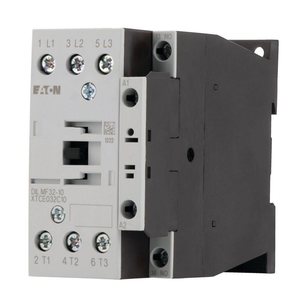 Eaton-Schütz mit Modellnummer DIL MF32-10, ausgestattet mit Anschlüssen, die mit L1, L2, L3 sowie T1, T2, T3 beschriftet sind, zum Steuern elektrischer Schaltkreise.