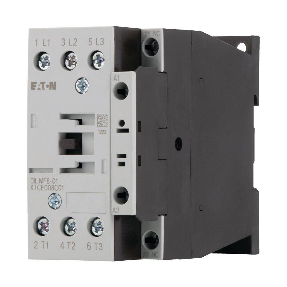 Ein elektrischer Schütz mit mehreren beschrifteten Anschlüssen und Schrauben, mit der Markenbezeichnung 