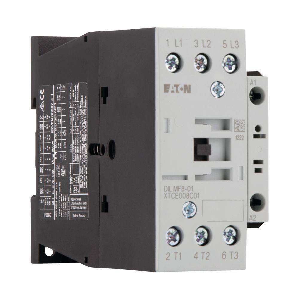 Elektrischer Schütz mit Eaton-Branding, mit Anschlussklemmen beschriftet als L1, L2, L3, T1, T2, T3, verwendet zum Schalten elektrischer Stromkreise.