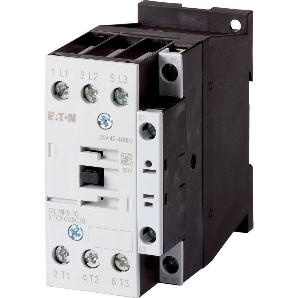 Eaton DIL MF 8-10 Schütz, schwarz und weiß, mit Anschlüssen beschriftet L1, L2, L3, T1, T2, T3, zur elektrischen Schaltverwendung.