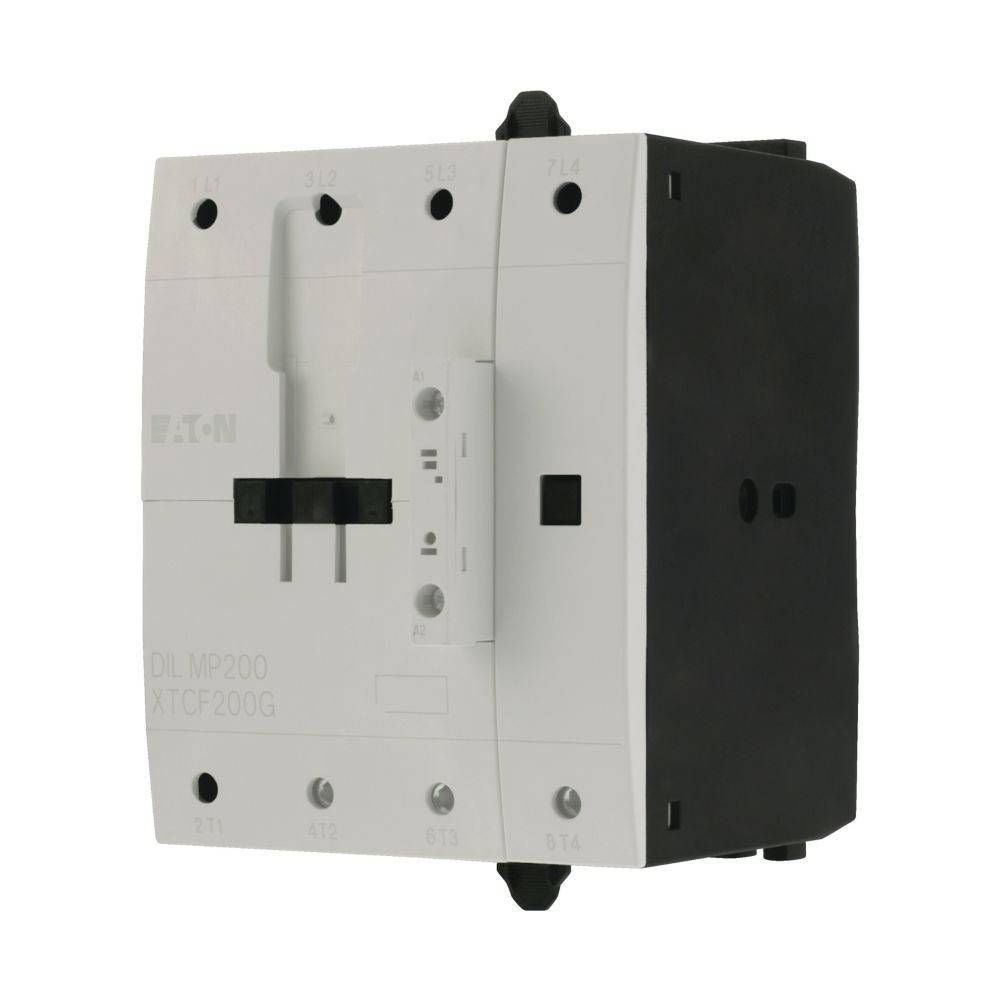Ein weißer und schwarzer elektrischer Schütz mit beschrifteten Anschlüssen und Schaltern, verwendet zur Steuerung von elektrischen Schaltkreisen.