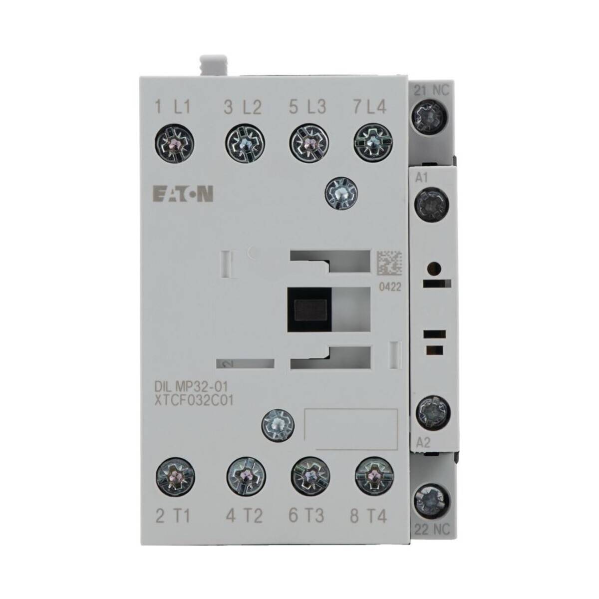Eaton-Schütz Frontansicht mit beschrifteten Anschlüssen L1, L2, L3, T1, T2, T3 und Hilfskontakten A1, A2 für elektrische Verbindungen.