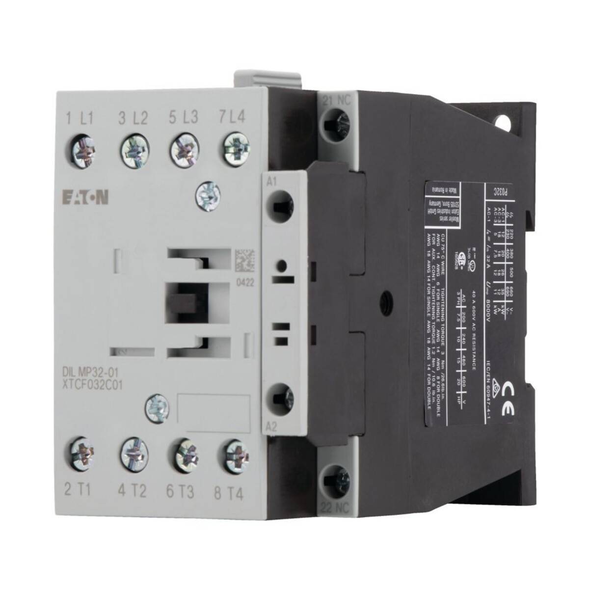 Eaton-Elektrokontaktor in geschlossener Position mit beschrifteten Klemmen und Spezifikationen an der Seite.