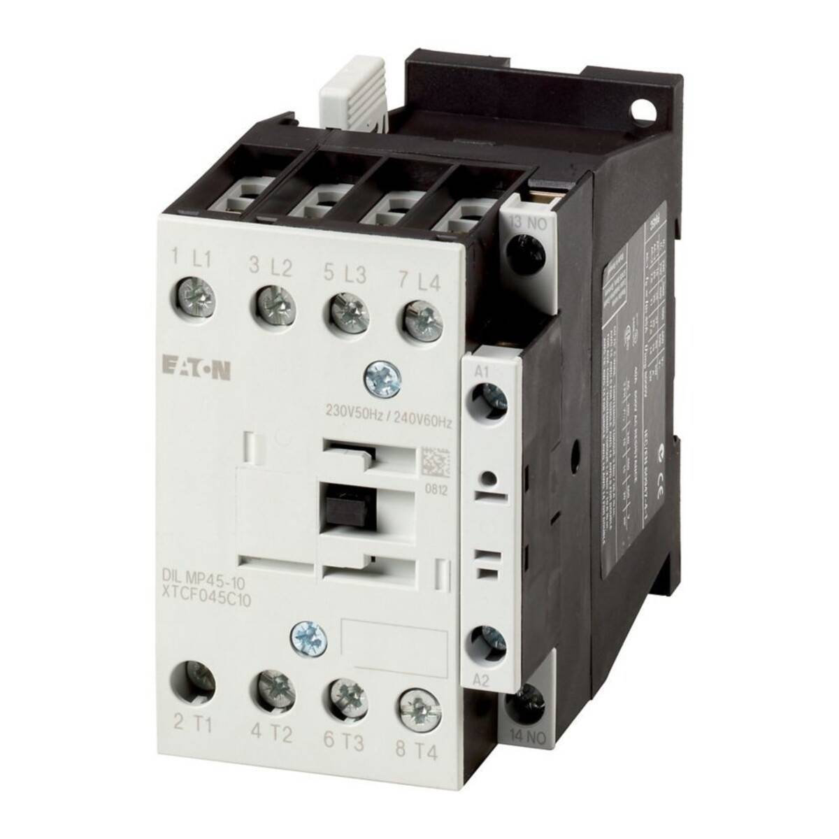 Ein elektrischer Schütz mit Klemmen, die mit L1, L2, L3 und T1, T2, T3 beschriftet sind. Auf der Oberfläche des Geräts ist die Marke Eaton sichtbar.