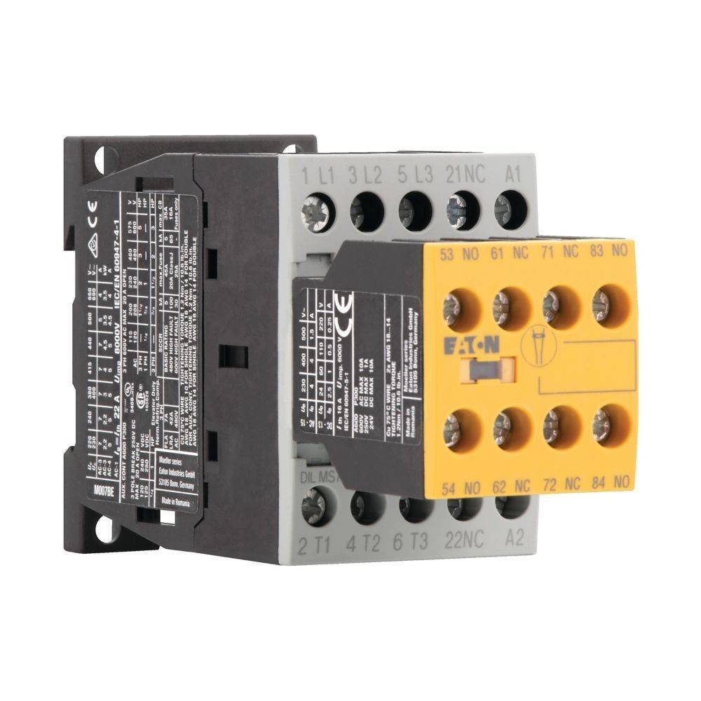Eaton-Schütz mit mehreren Anschlussklemmen, schwarzem Rahmen und gelber Frontblende mit Beschriftungen. Verwendet zur Steuerung elektrischer Schaltkreise.