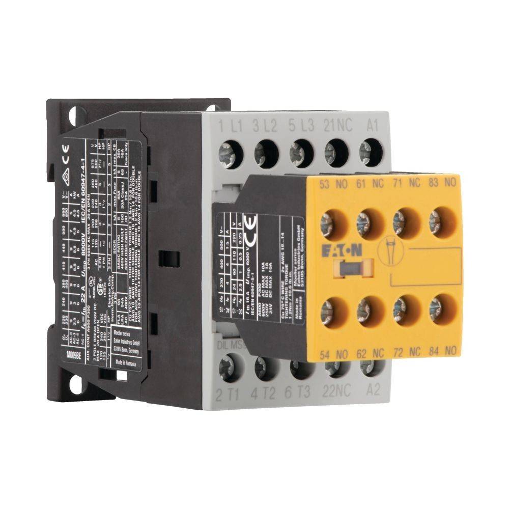 Eaton DIL M72 Sicherheitsschütz mit mehreren Anschlüssen und beschrifteten Verbindungen, verwendet zur Steuerung elektrischer Schaltkreise in industriellen Umgebungen.