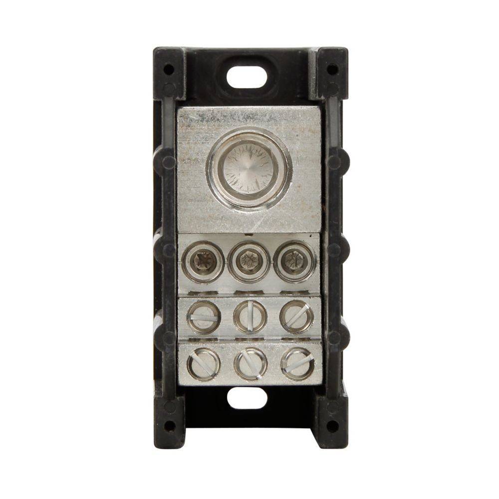 Ein rechteckiger Metall-Elektro-Anschlussblock mit mehreren Schraubanschlüssen und einem runden zentralen Messgerät, der zur Verkabelung und Herstellung von Schaltungsverbindungen verwendet wird.