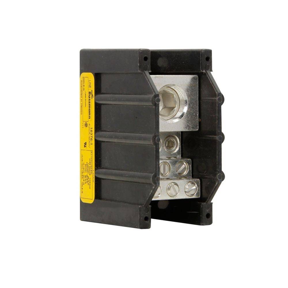 Eine schwarze und silberne elektrische Komponente mit einem gelben Etikett an der Seite, die Anschlüsse und Befestigungslöcher aufweist.