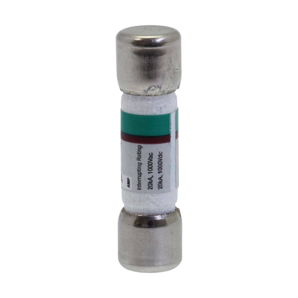 Eine Nahaufnahme einer zylindrischen elektrischen Sicherung mit Metallkappen und einem weißen Mittelteil, beschriftet mit '20A 400V 000106'.