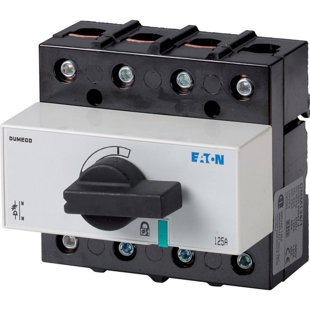 Ein dreiphasiger Schalter mit einem schwarzen Drehgriff, der mit 'Eaton 125A' markiert ist, mit einem Schlosssymbol und Anschlussklemmen, der für elektrische Schaltkreise verwendet wird.