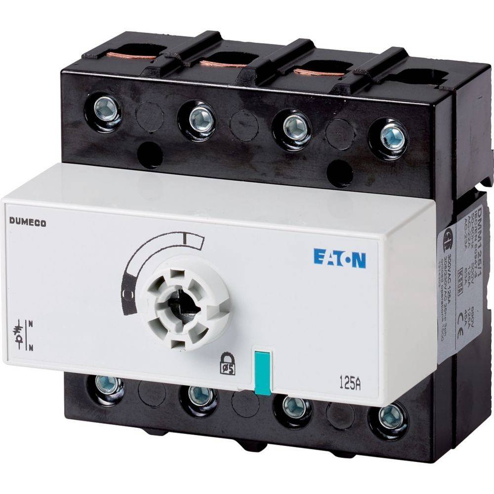 EATON DUMECO 125A' Lasttrennschalter, vierpolige Ausführung, mit Drehgriff. Verwendet zur Trennung von elektrischen Stromkreisen.