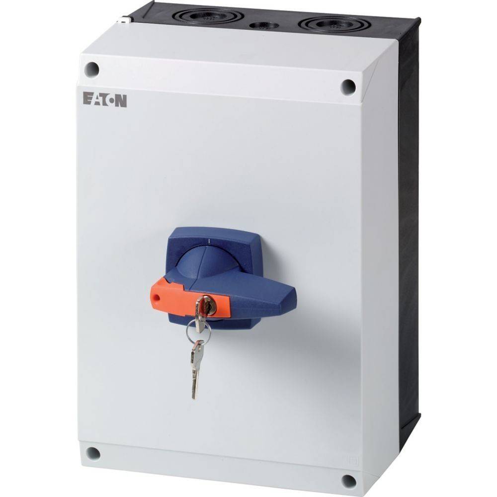Eine abschließbare elektrische Schaltertafel mit einem eingelegten Schlüssel, versehen mit einem blauen und orangen Hebel. Die Tafel trägt die Markenbezeichnung 'Eaton'.