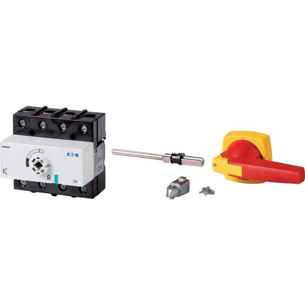 Eaton-Lasttrennschalter mit Drehgriff, in den Farben Rot und Gelb, inklusive Befestigungsmaterial und Welle, geeignet für elektrische Installationen.