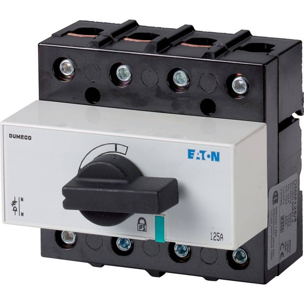 Ein Drehschalter, gekennzeichnet mit 'DUMECO' und 'EATON 125A', der zur Steuerung elektrischer Schaltkreise verwendet wird und Positionen für ein, aus und Verriegelung zeigt.
