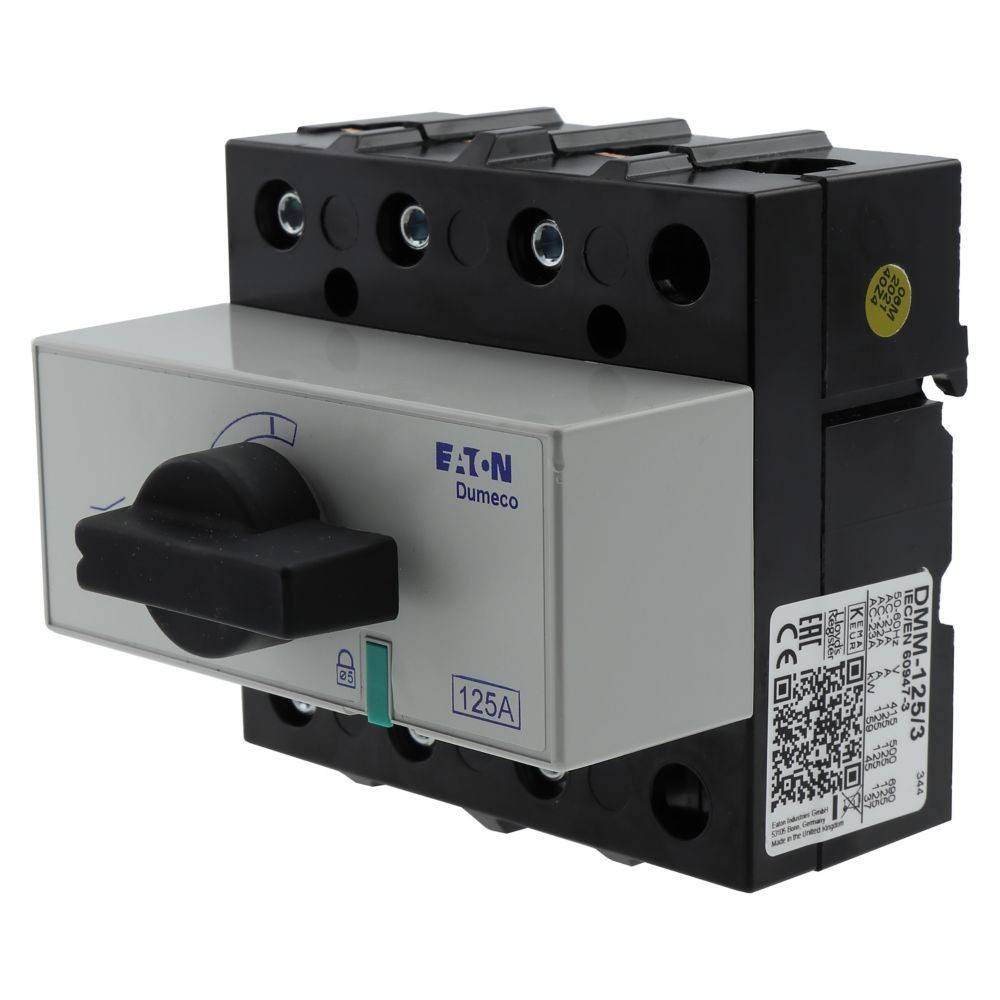 Eaton Dumeco 125A Lasttrennschalter, schwarzer Drehgriff, dreipelige Ausführung, mit QR-Code und technischem Etikett an der Seite.