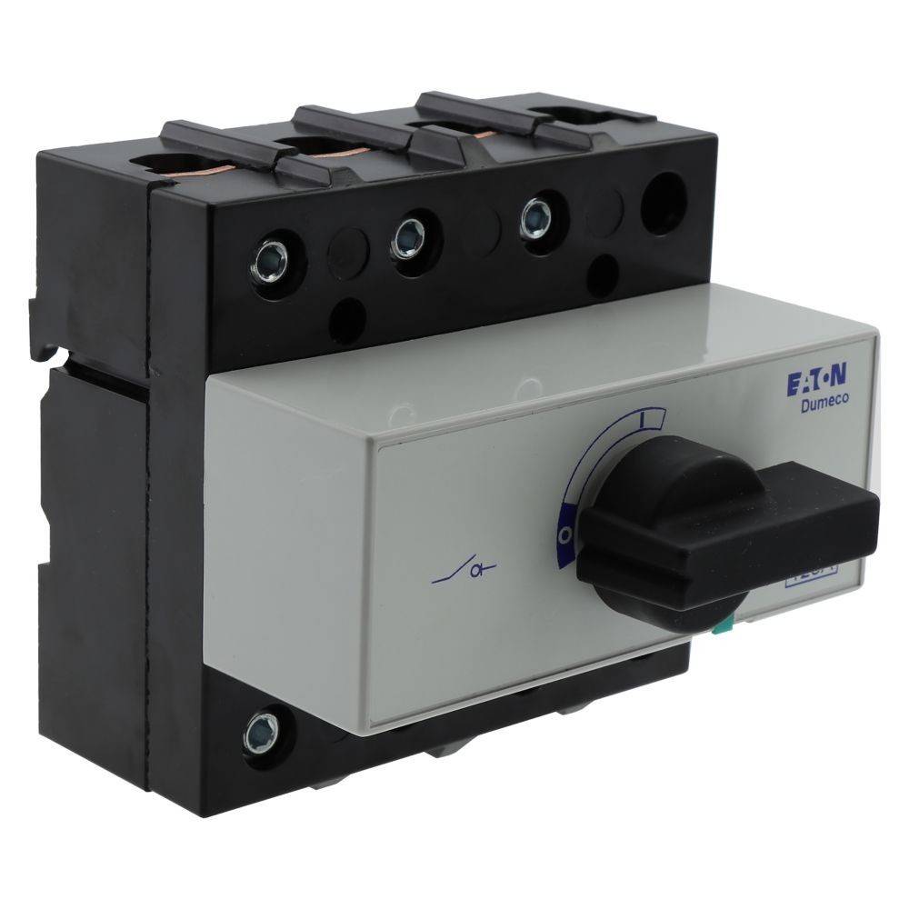 Eaton-Dumeco-Schalter mit einem schwarzen Drehknopf, verwendet zur elektrischen Schaltkreissteuerung, montiert auf einer grau-schwarzen rechteckigen Basis.
