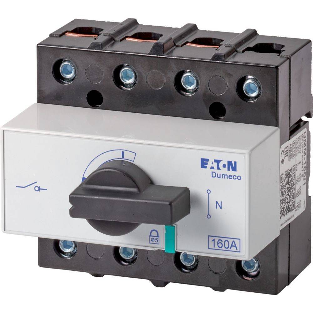 Ein Trennschalter mit der Bezeichnung 'Eaton Dumeco 160A', ausgestattet mit einem manuellen Hebel zur Steuerung elektrischer Verbindungen.