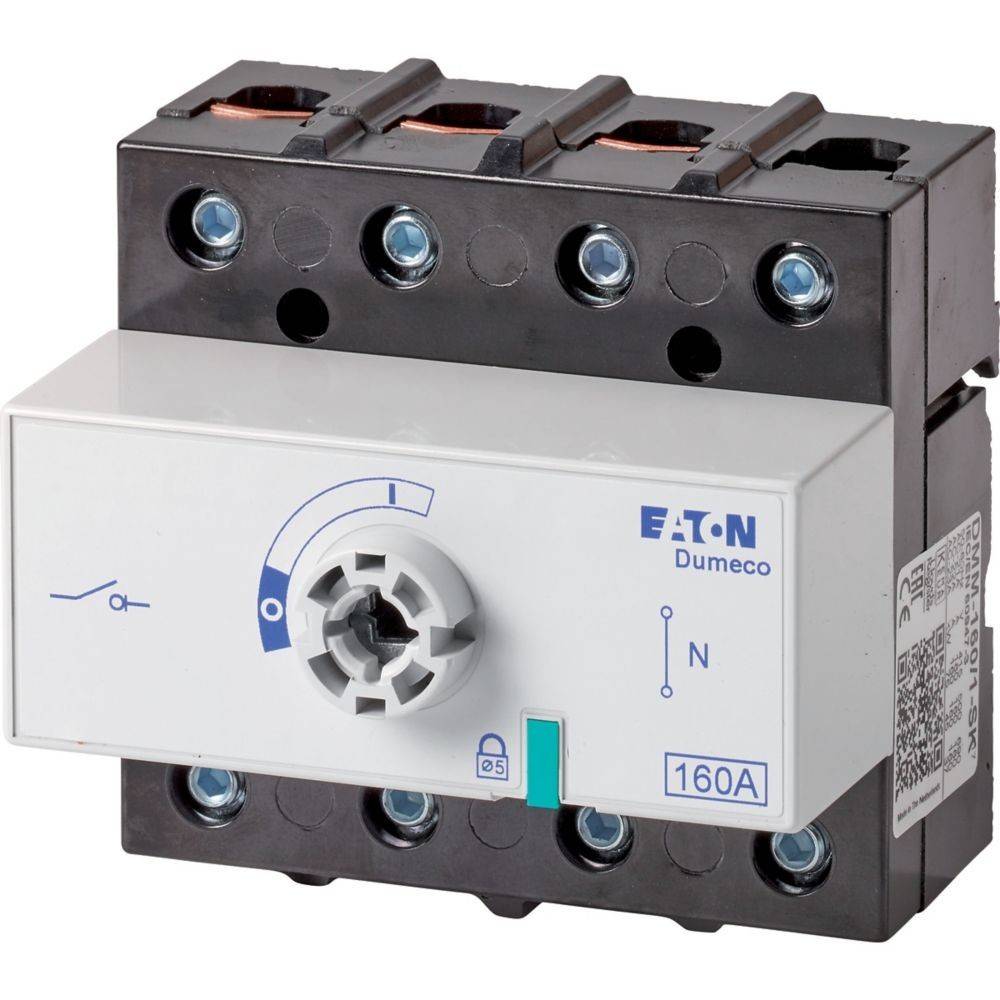 Sicherungsautomat mit Wahlschalter und Verriegelungsmechanismus, beschriftet mit 'Eaton Dumeco 160A'. Schwarzes Gehäuse, weiße Frontplatte, geeignet für elektrische Systeme.