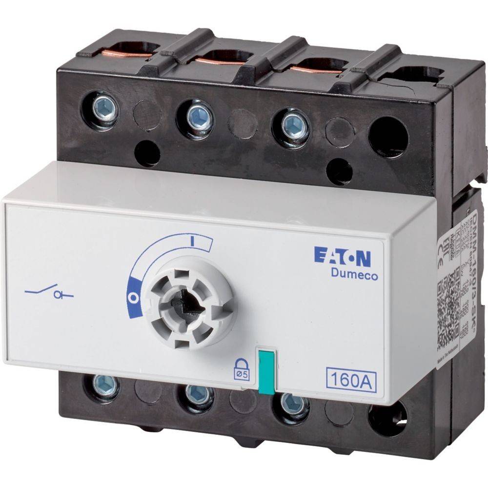 Ein dreiphasiger Lasttrennschalter des Modells Dumeco von Eaton, mit einer Nennstromstärke von 160A, der den EIN/AUS-Schalter und die Anschlussports zeigt, der typischerweise in industriellen Elektroanlagen verwendet wird.