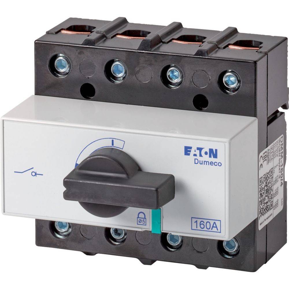 Ein 160A Eaton Dumeco Drehschalter mit schwarzem Wählrad und Schlosssymbol, verwendet zur Steuerung elektrischer Schaltkreise.