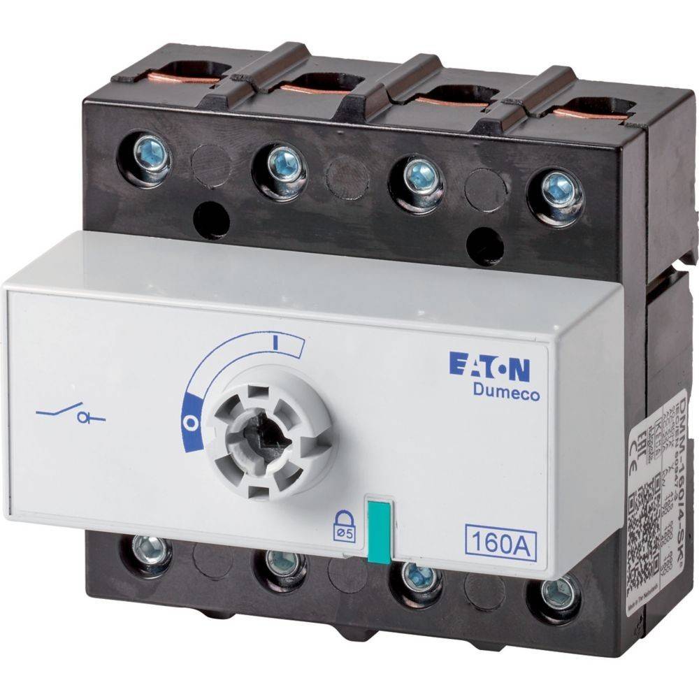 Dreiphasen-Lasttrennschalter mit Drehknopf, gekennzeichnet als 'Eaton Dumeco 160A', konzipiert für Schaltkreissteuerung und Energiemanagement.