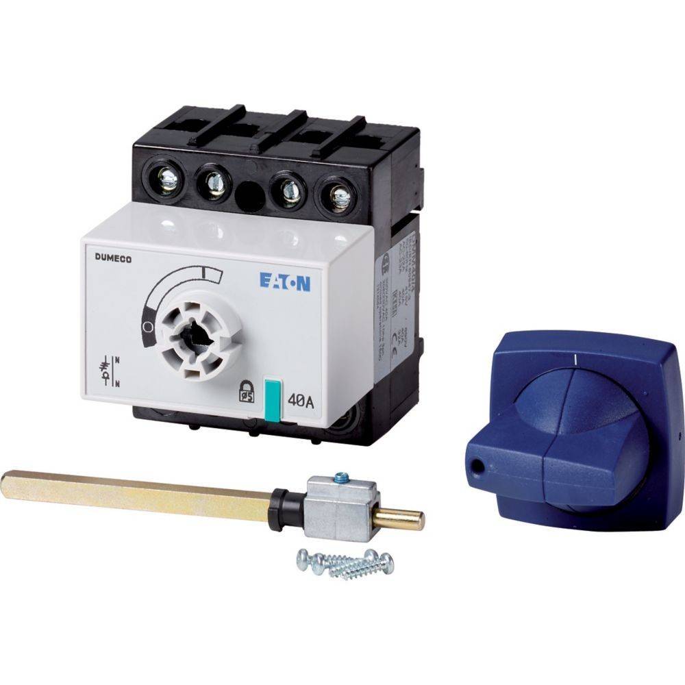 Elektrischer Nockenstellschalter mit schwarzem Montagegehäuse und blauem Drehgriff, beschriftet mit 40A, Marke Dumeco Eaton.