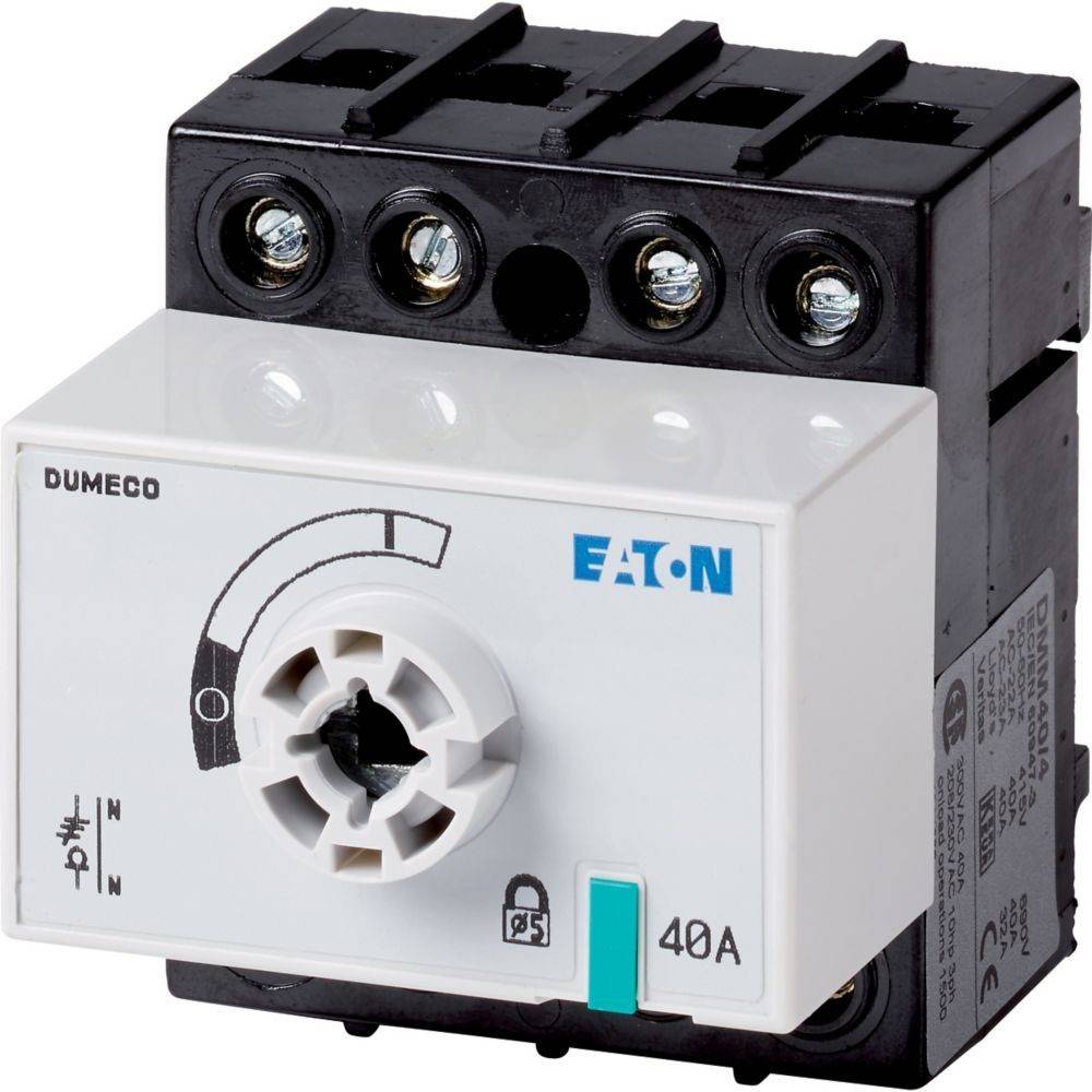 Ein schwarzer und weißer Eaton Dumeco Elektroschalter mit einer 40A-Beschriftung, ausgestattet mit einem Drehrad und einem Verschlussmechanismus, der zur Stromkreissteuerung verwendet wird.