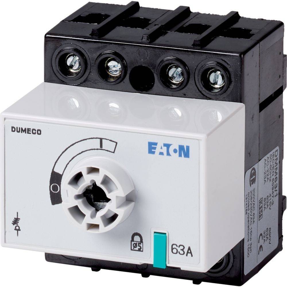 Eaton Dumeco 63A Schalter mit schwarzem Gehäuse, vier Anschlusspunkten und drehbarem Betätigungsgriff.