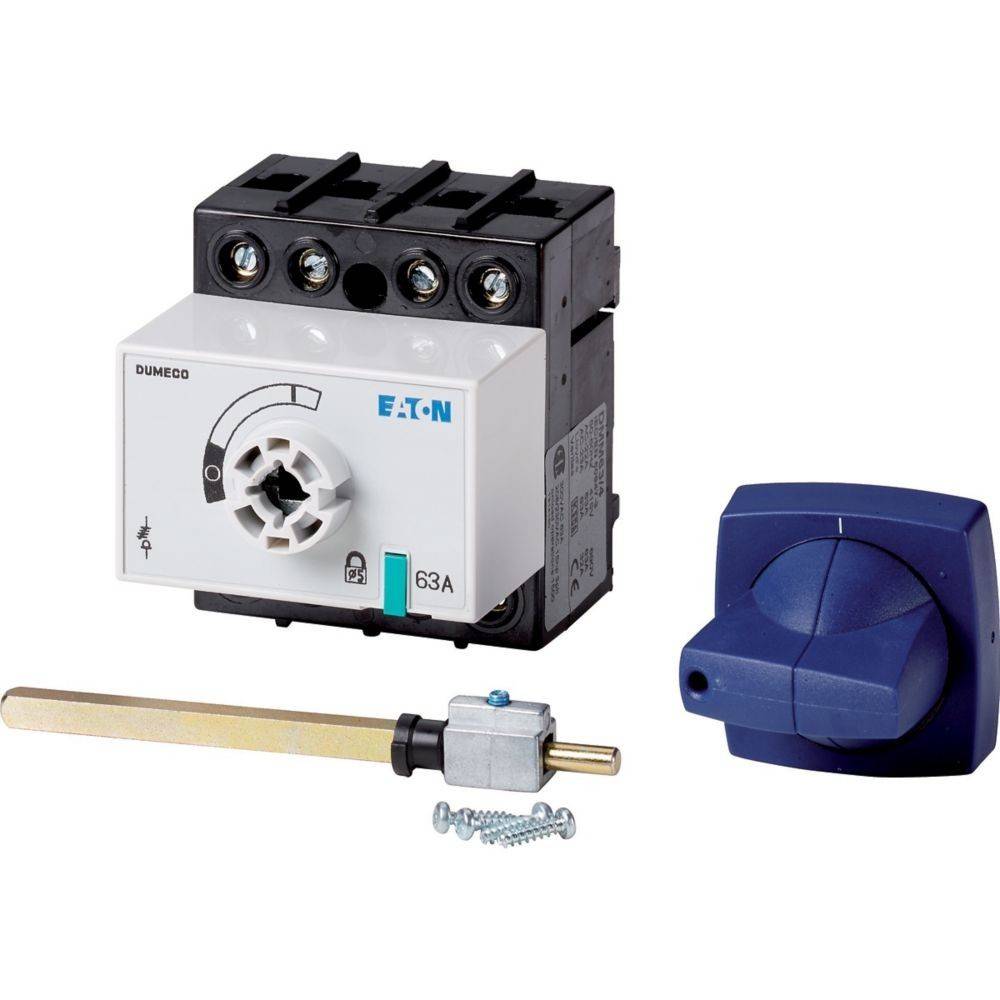 Eaton Dumeco 63A Lasttrennschalter mit Griff, Polhalterung und Schrauben für die Installation elektrischer Systeme.