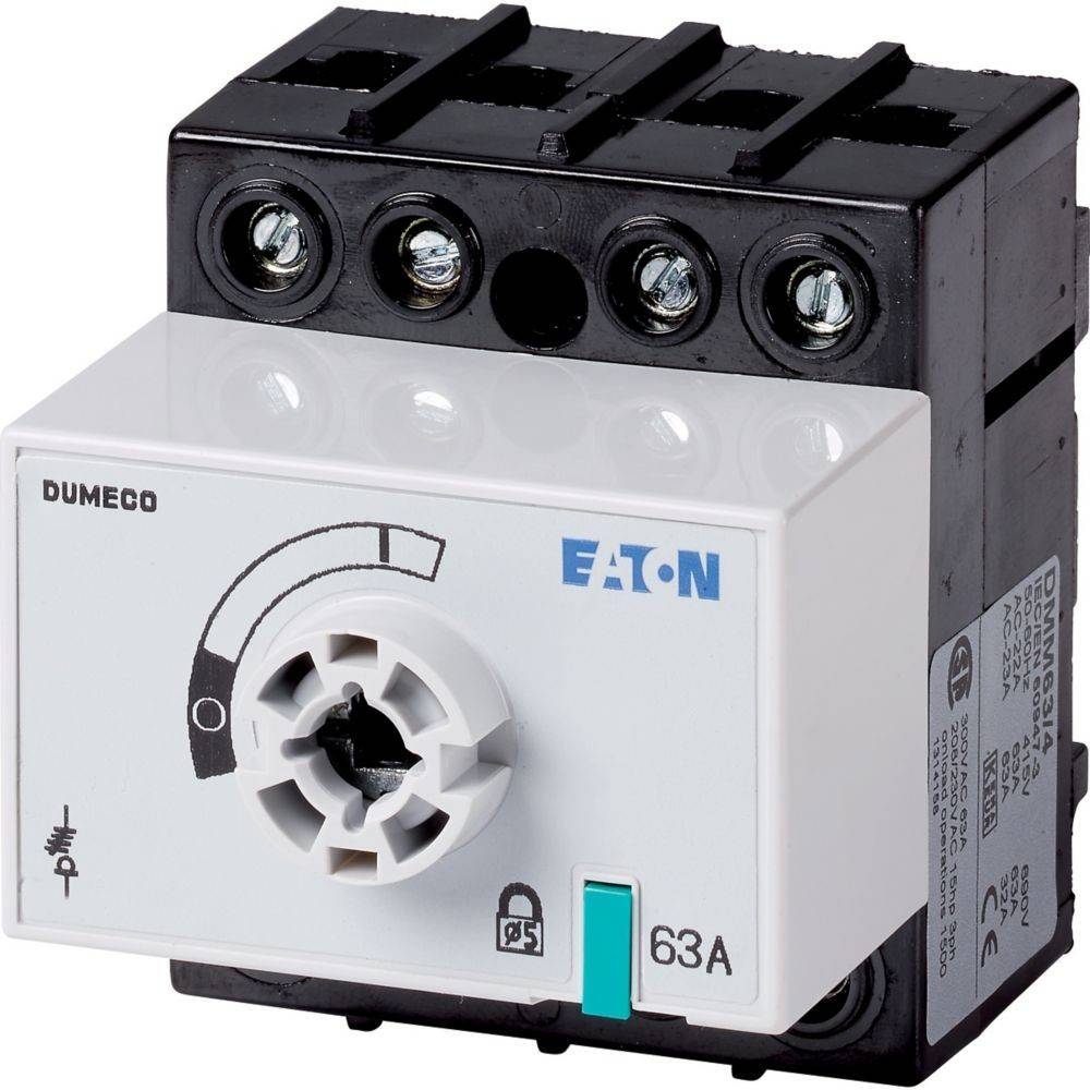 Ein weißer Eaton Dumeco Elektroschalter mit schwarzer Basis, der einen Wahlschalter und einen Zahlenanzeiger mit Einstellung auf 63A zeigt.
