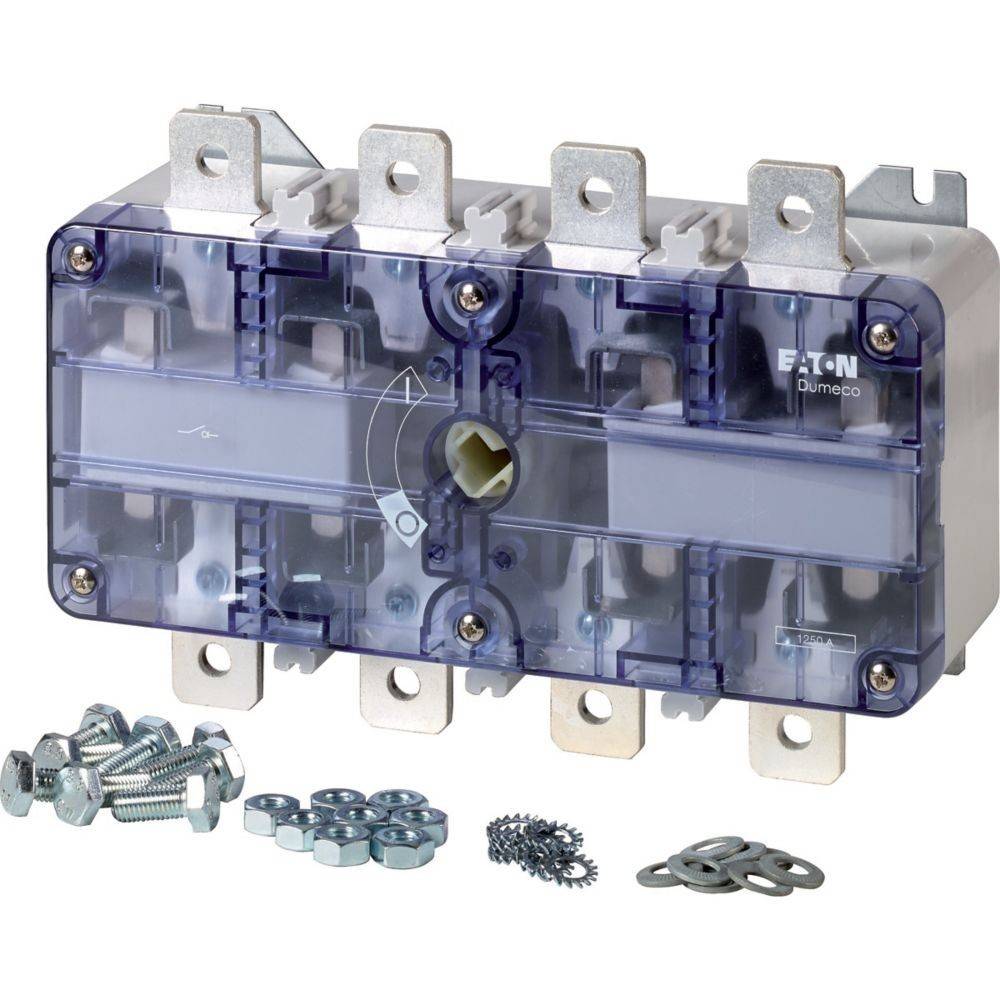 Elektrische Schaltanlagenkomponente mit transparentem Gehäuse, das die internen Mechanismen freilegt. Enthält verschiedene Metallverbinder und Montagezubehör.