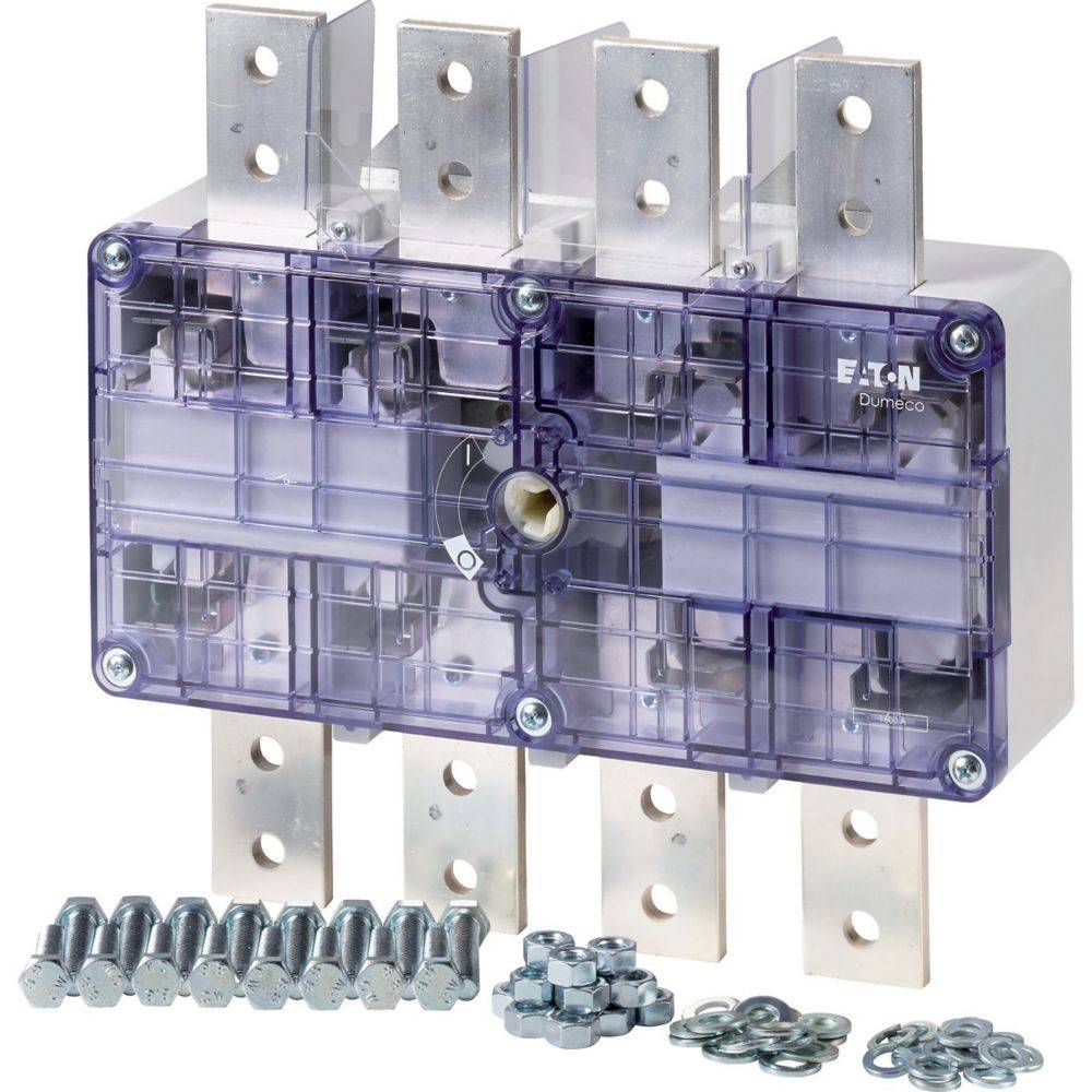 Eine elektrische Schaltgerätekomponente mit Metallsammelschienen und transparentem Gehäuse, beschriftet mit Eaton. Hardware wie Bolzen und Unterlegscheiben sind sichtbar.