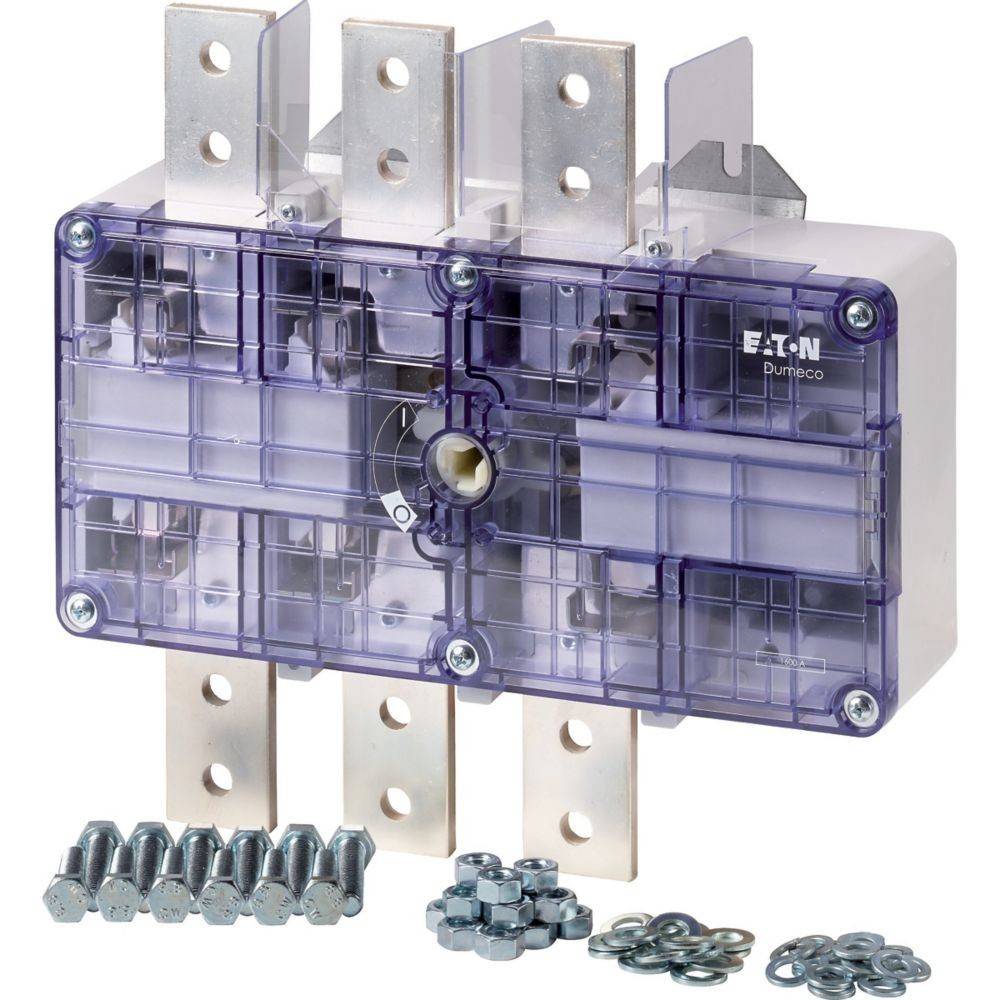 Schalter-Trennschalter mit transparenter Abdeckung, der Metallverbinder und Schrauben zeigt, wahrscheinlich für die Montage oder Installation von elektrischen Geräten.