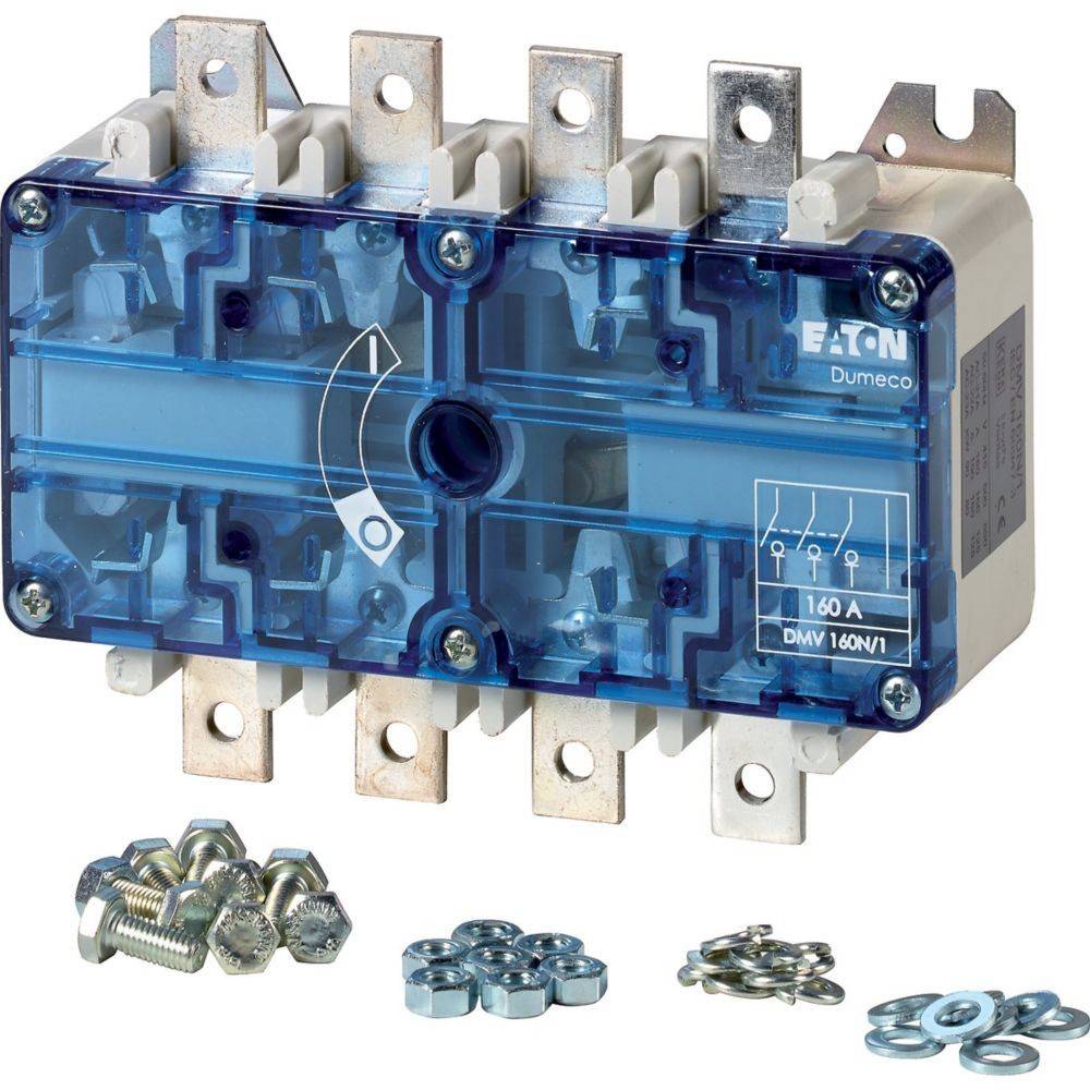 Eaton Dumecon Lasttrennschalter, DMW 160N/1, 160 A mit transparenter blauer Abdeckung, inklusive Schrauben und Unterlegscheiben für die Installation.