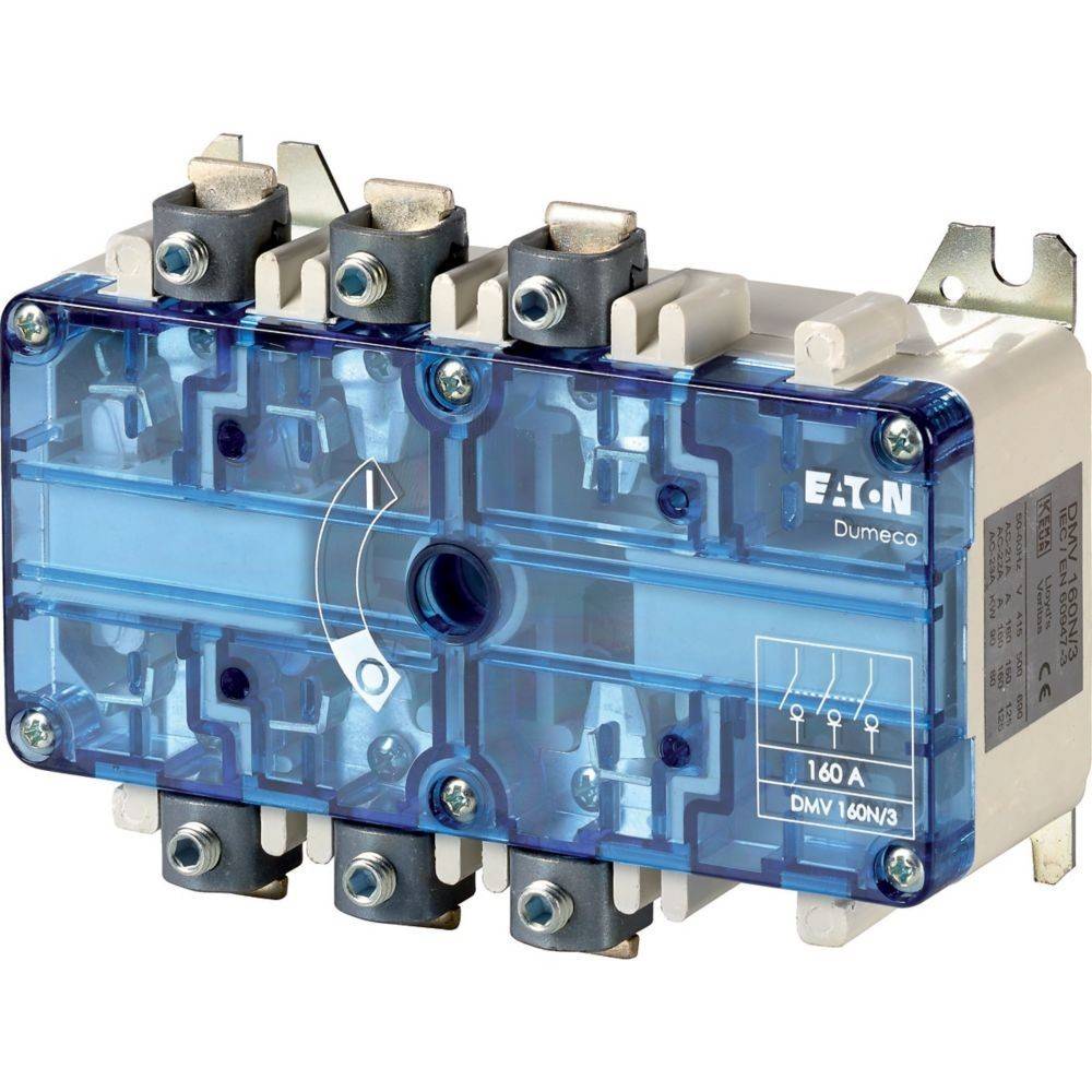 Eaton Dumeco Lasttrennschalter, DMW 160NA/3, 160 A, mit blauem transparentem Deckel, der Innenkomponenten und Anschlusspunkte zeigt.