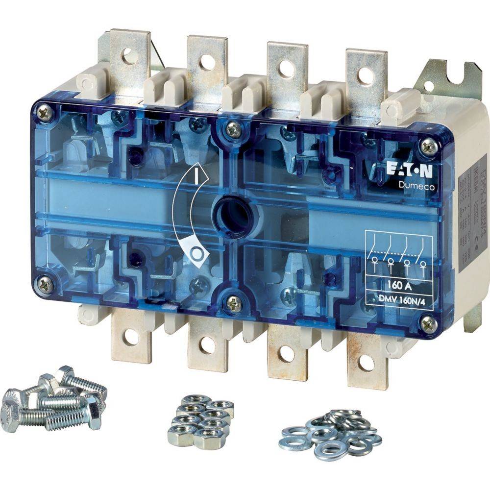 Eaton Dumeco DMV160N/4' Trennschalter dargestellt mit mitgelieferten Schrauben und Scheiben, ausgelegt für 160 A.