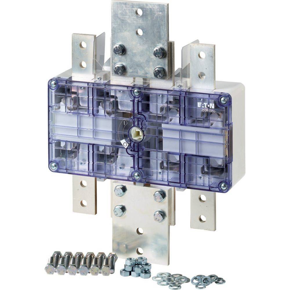 Ein transparenter elektrischer Sicherungsautomat mit metallischen Anschlüssen, der die internen Komponenten zeigt. Darunter befinden sich Schrauben und Unterlegscheiben.