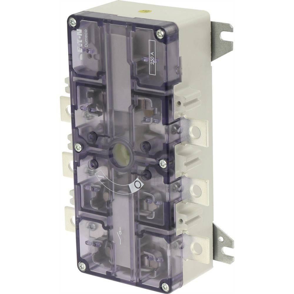 Ein elektrisches Sammelschienenystem mit transparenter Abdeckung, die die internen Verbindungen zeigt, mit der Beschriftung '250A', konzipiert für Stromverteilung und Schutz.